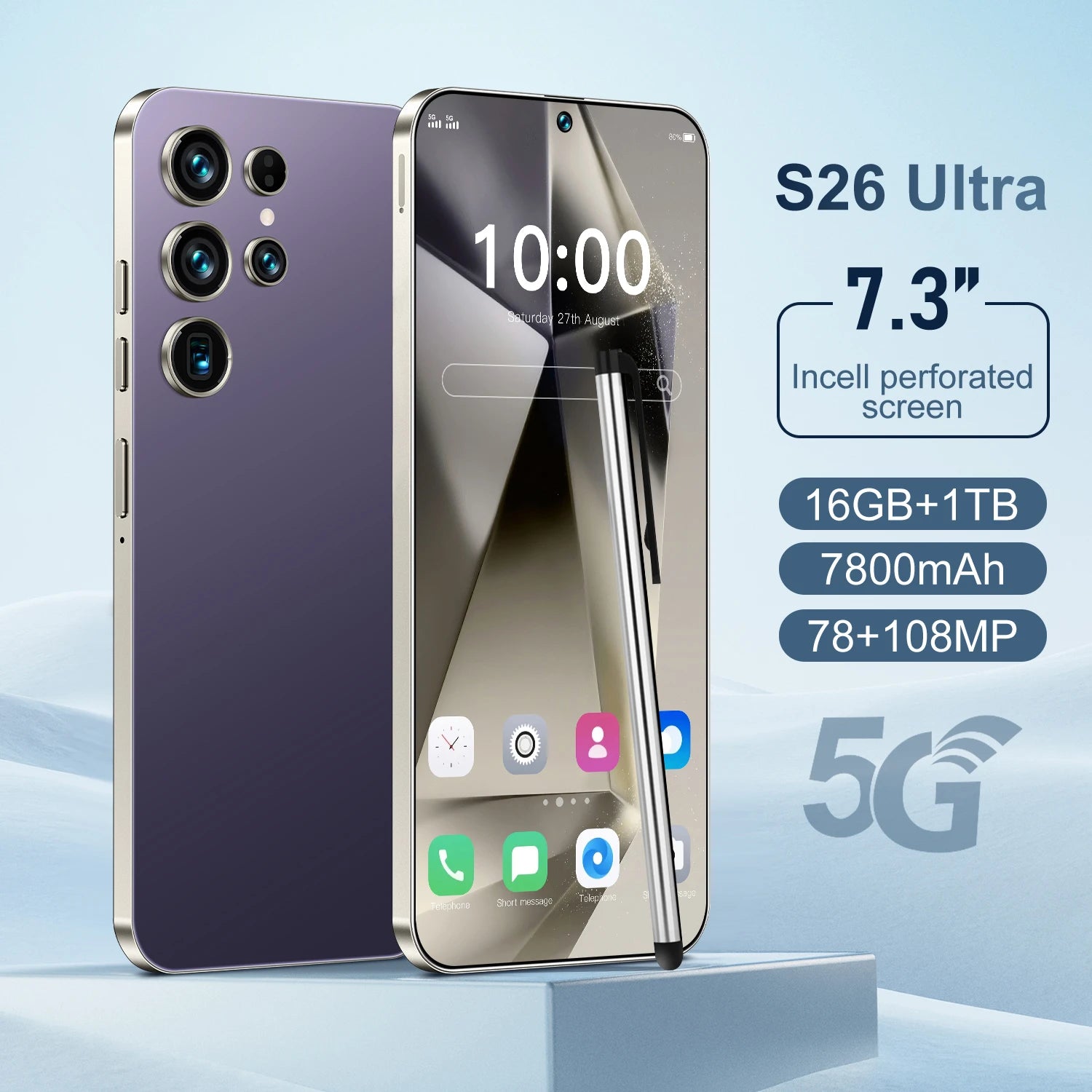 Unlocked S26 ULTRA 5G Mobile Phone 7.3 Inch Screen 108MP Camera 7800mAh Battery Dual Sim 1TB ROM Smart Features Purple 16g 1TB Tidesmit