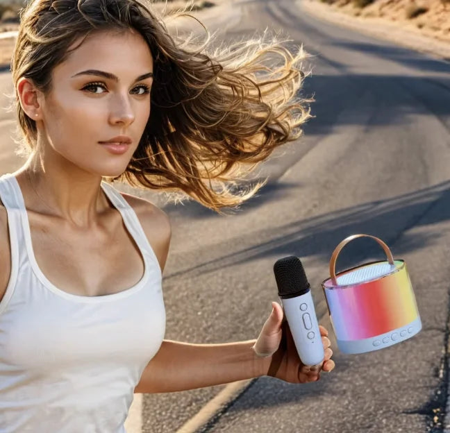 K52 Mini Wireless Bluetooth Karaoke Speaker for Kids with LED Light Two Wireless Microphones Gifts for Boys Girls Birthday Blue with 1 Mic My Store