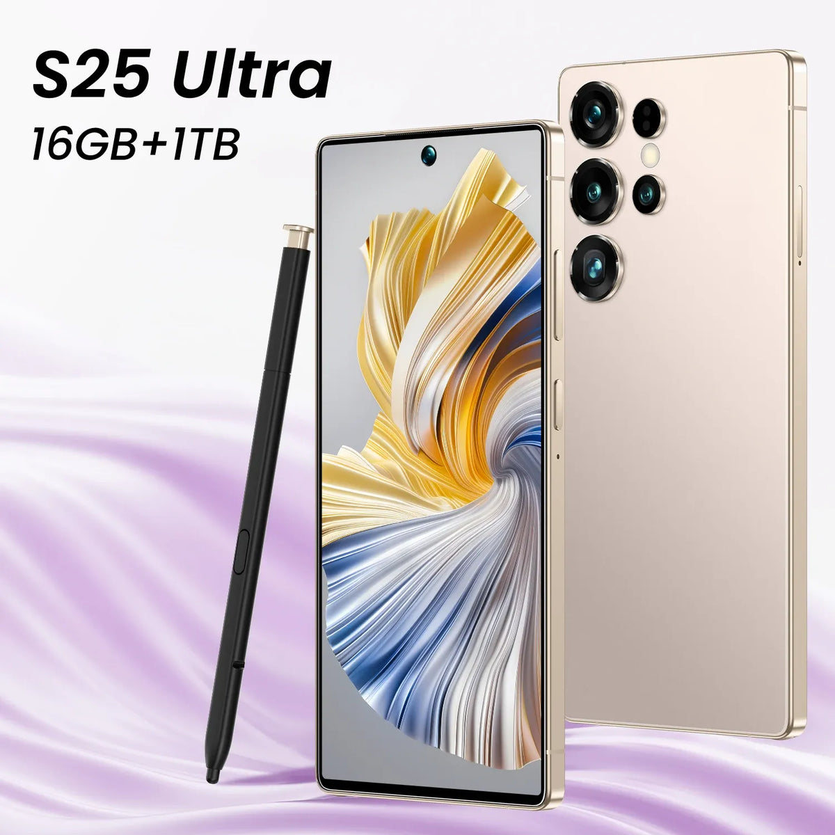 Gold smartphone with quad rear cameras and stylus, front screen with abstract design
