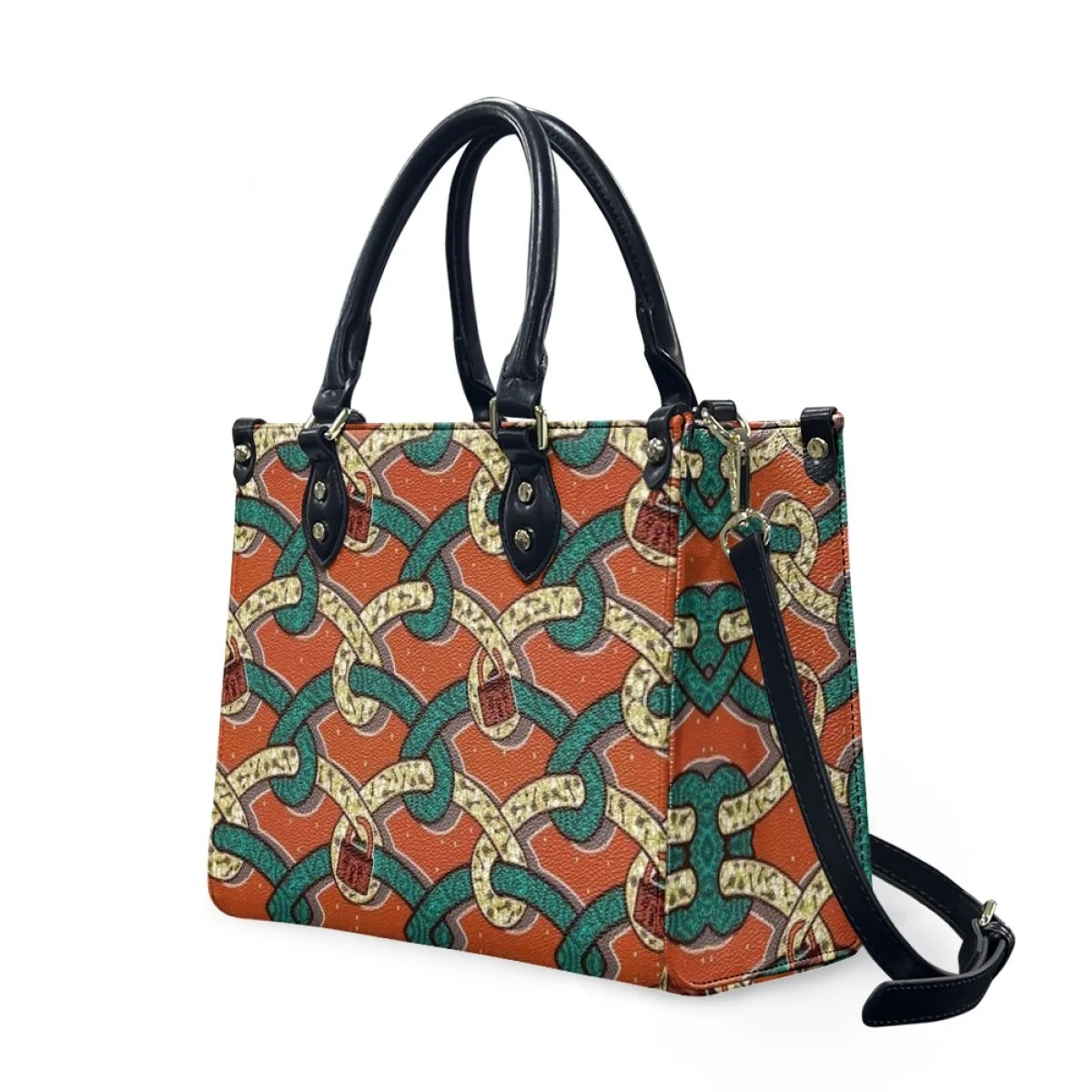 Large leather handbag with orange and green Polynesian tribal print, black handles, shoulder strap, and trunk style.