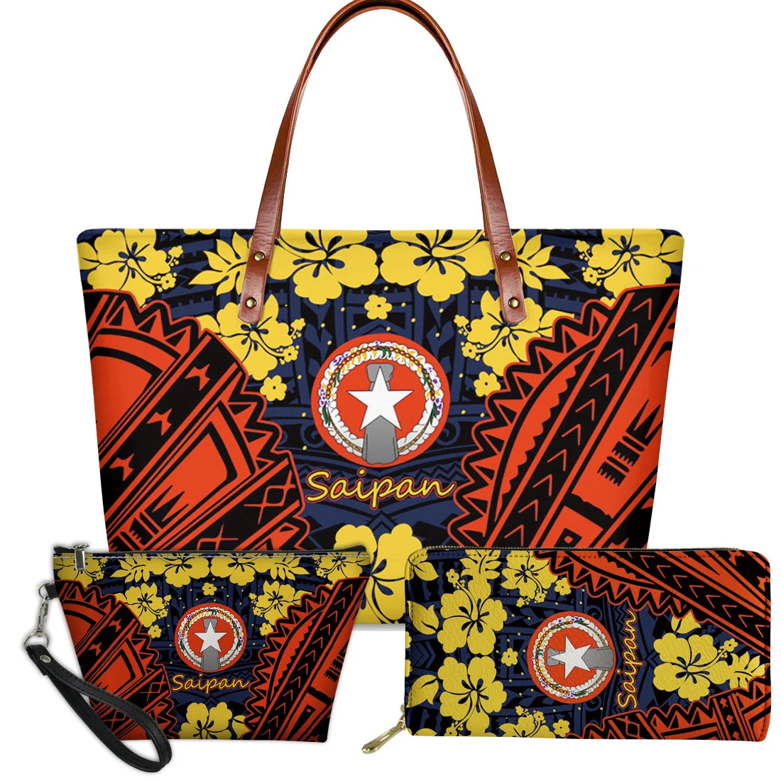 3-piece set: Saipan tribal print handbag, wristlet, and wallet with yellow hibiscus and orange Polynesian patterns.