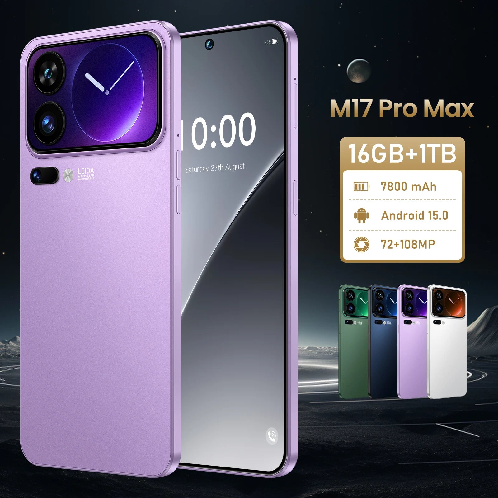 M17 Pro Max 5G smartphone 7.3-inch HD OLED display with 16GB RAM and 1TB storage showing side profile view