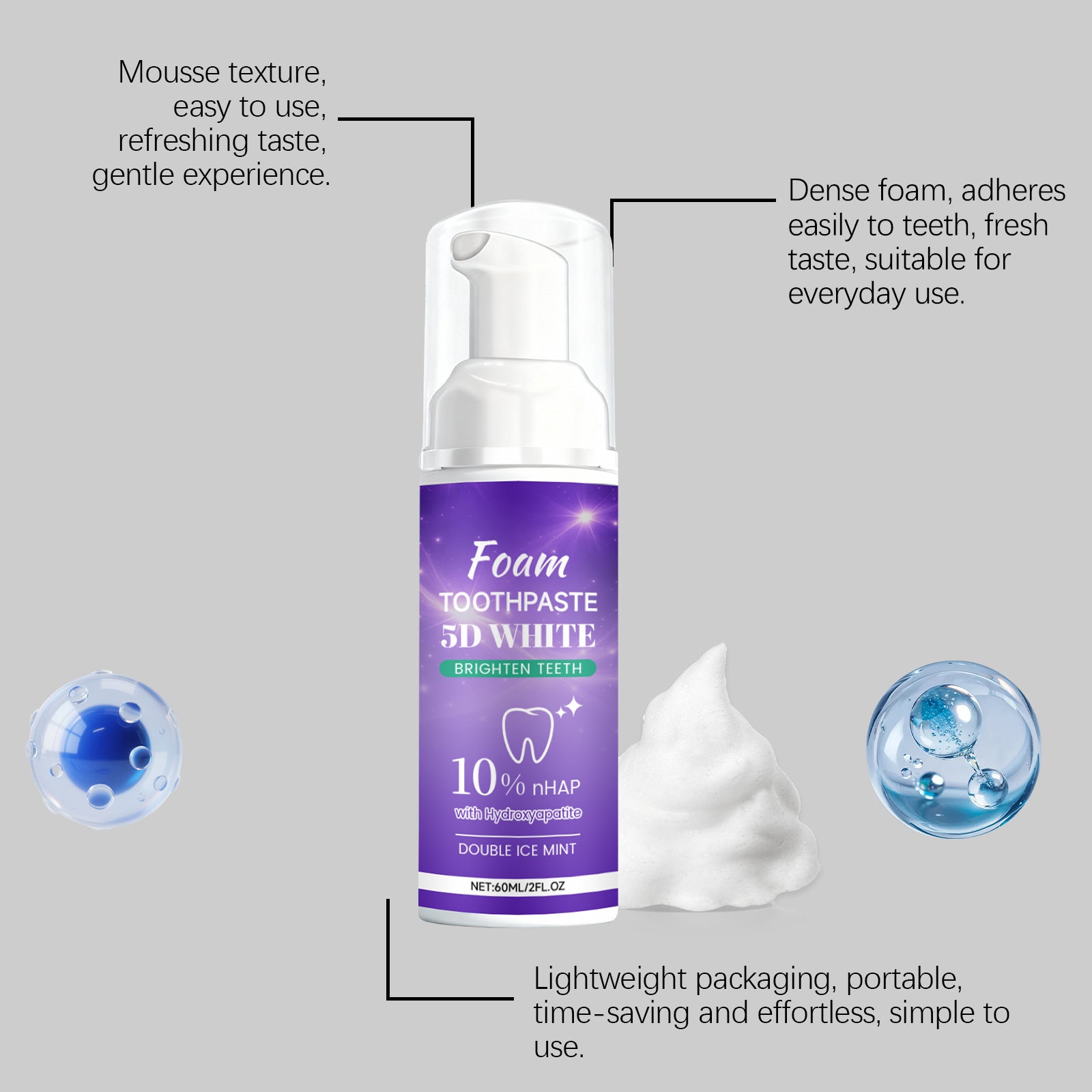 Tidesmit 5D White Foam Toothpaste Mousse for gentle teeth whitening and daily oral stain removal.