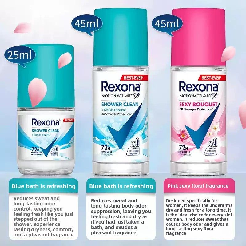 Rexona Roll-On Antiperspirant for women 45ml with floral scent for long-lasting freshness and odor protection.