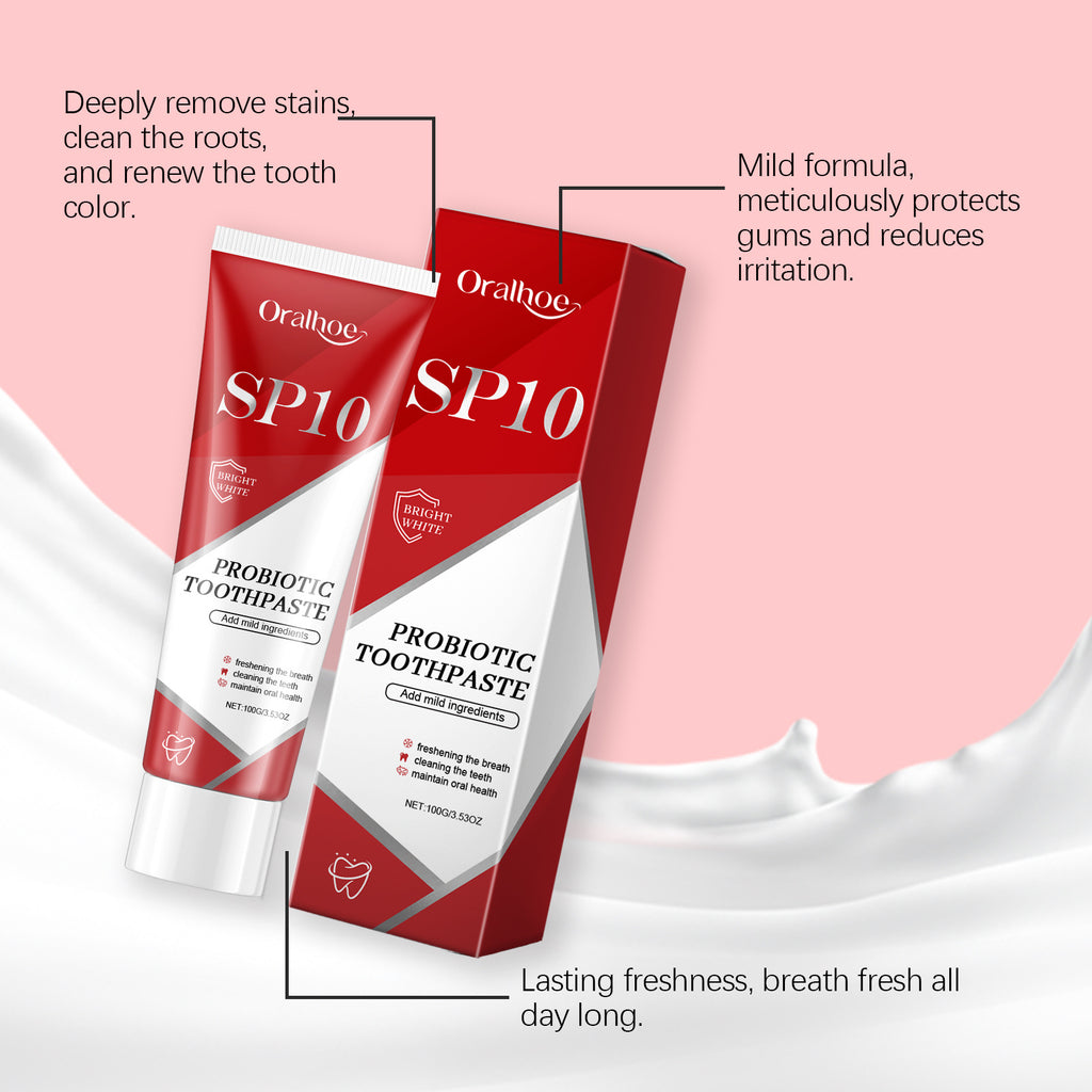 Tidesmit SP-10 probiotic whitening toothpaste for plaque removal, stain whitening, and fresh breath oral care.