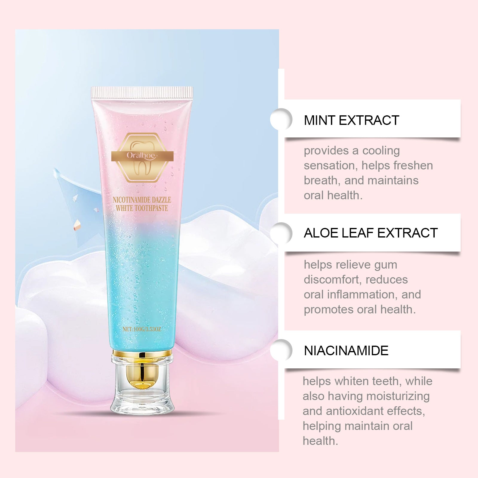 Tidesmit Niacinamide whitening toothpaste for plaque removal, stain cleaning, and fresh breath oral hygiene.