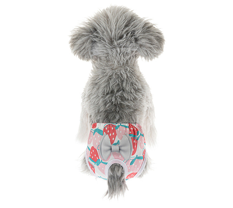 Washable strawberry print dog diaper with bow for female small dogs, perfect for pet hygiene and heat cycles.