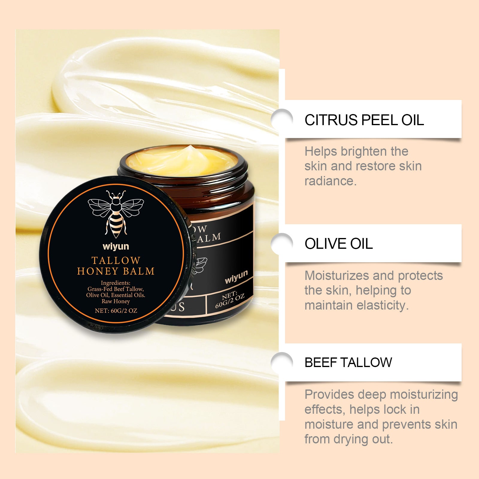 Organic Grass Fed Beef Tallow Balm Raw Honey Moisturizing Soft Improve Elasticity Long-Lasting Smooth Hydrating Cream Skin Care