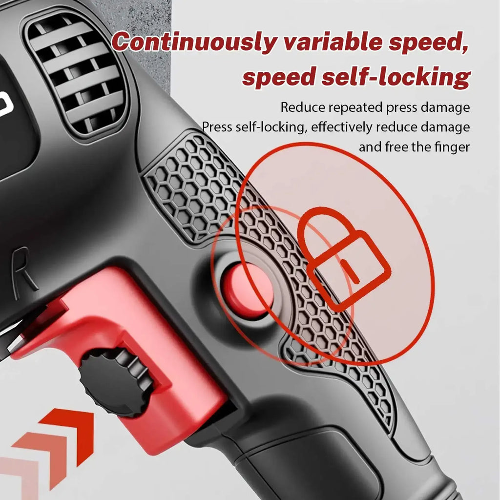 Close-up of black and red drill speed control area with textured grip