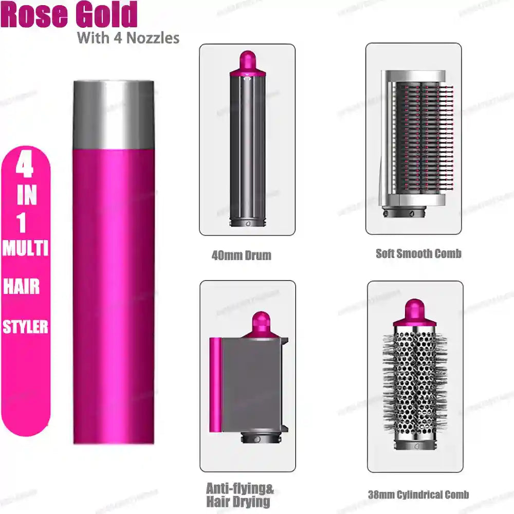 Rose gold 4-in-1 hair styler with curling barrel, straightening brush, dryer nozzle, and volumizing comb attachments.