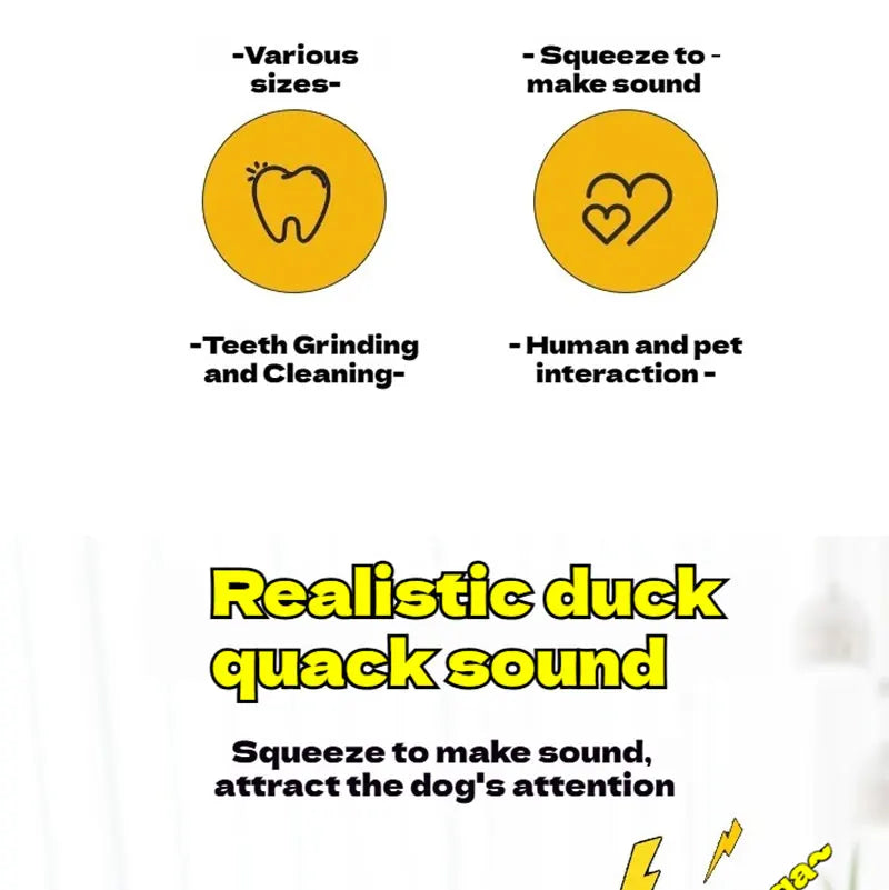 Yellow plush duck dog toy for teeth cleaning and interactive play, features bite-resistant fabric and squeaky sounds.