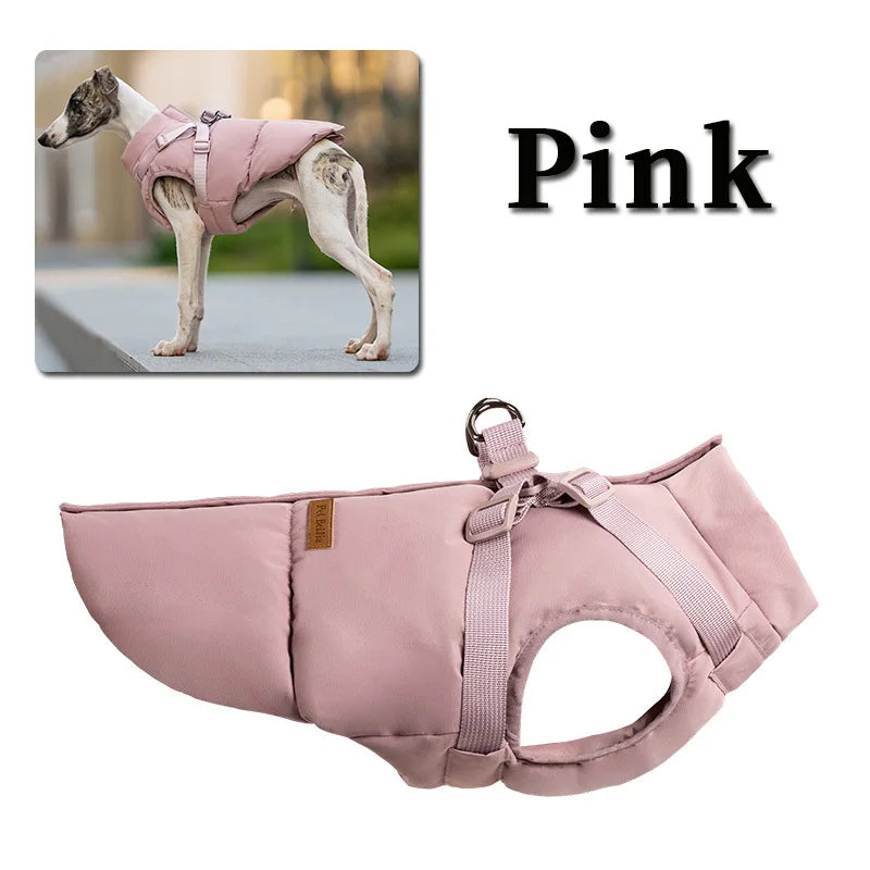Pink padded winter dog coat with built-in harness for small to medium dogs; warm, cozy, and perfect for outdoor walks.