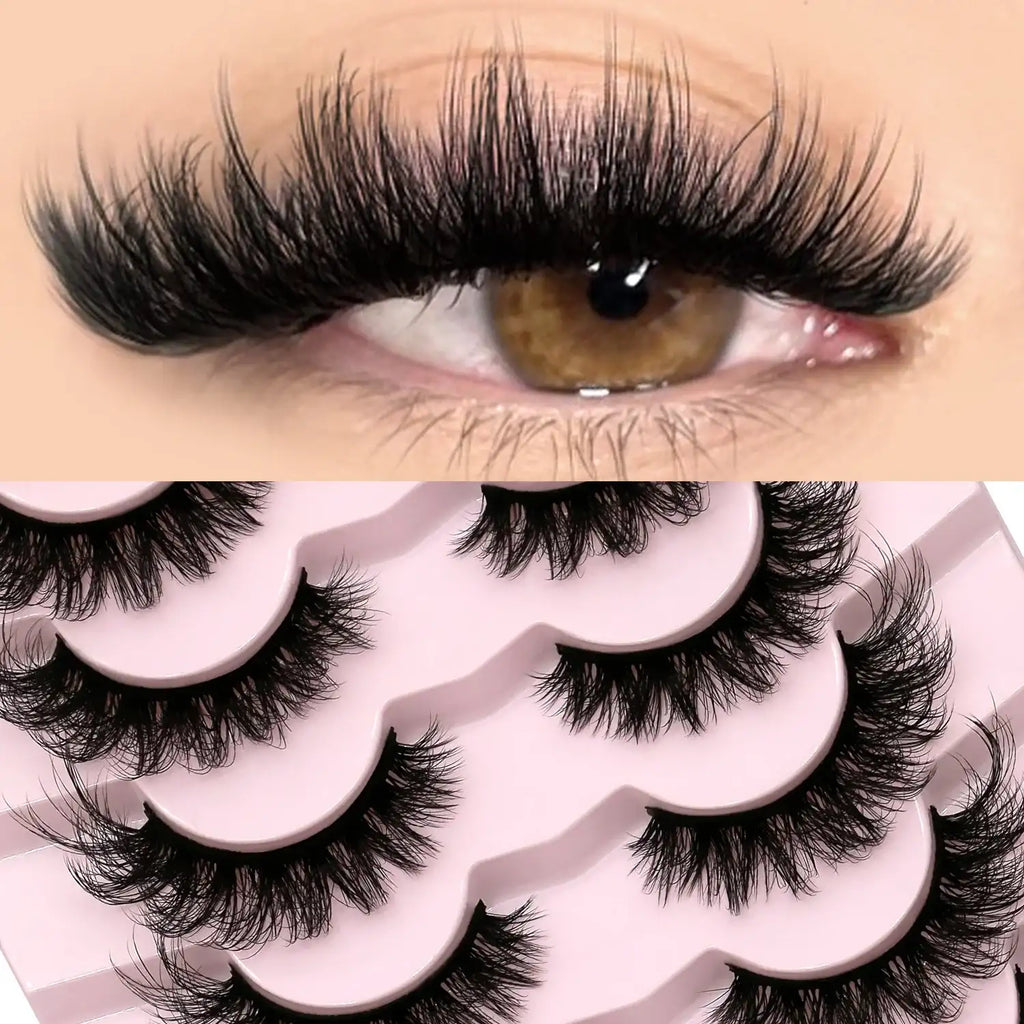 Fluffy, wispy 3D mink false lashes with a cat-eye style, shown applied and in a pink multi-pack tray.