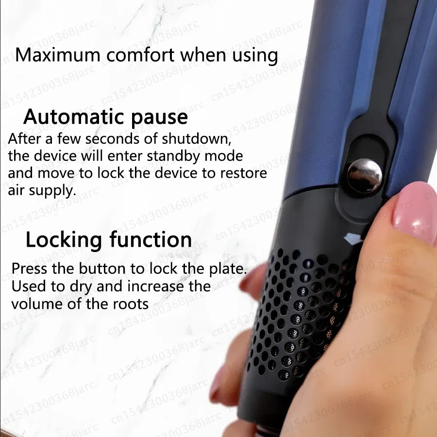 Blue 2-in-1 professional hair straightener and dryer with locking plate button for root volume and salon styling.