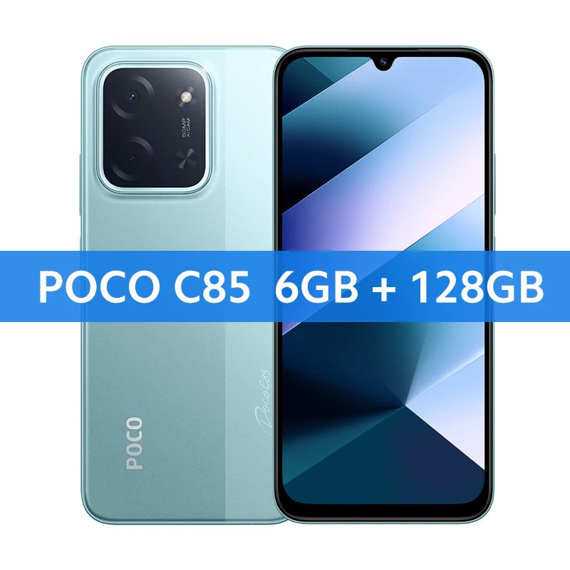 POCO C85 light blue smartphone, 6.9-inch display, 50MP AI camera, 6GB+128GB, front and back view, global version.