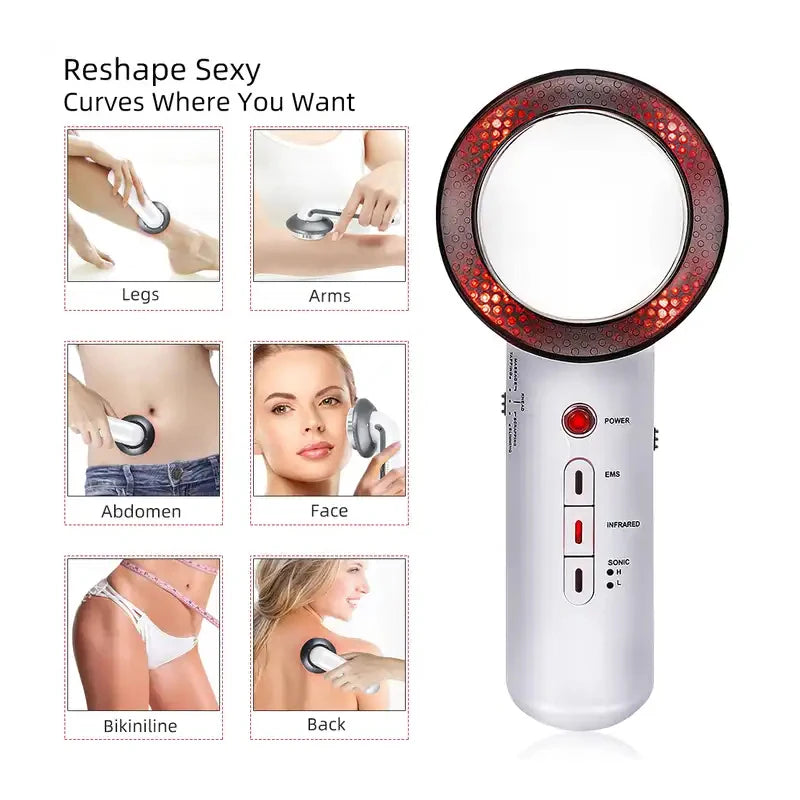 Handheld ultrasonic body slimming massager with white handle, circular head, and red infrared light for skin toning.