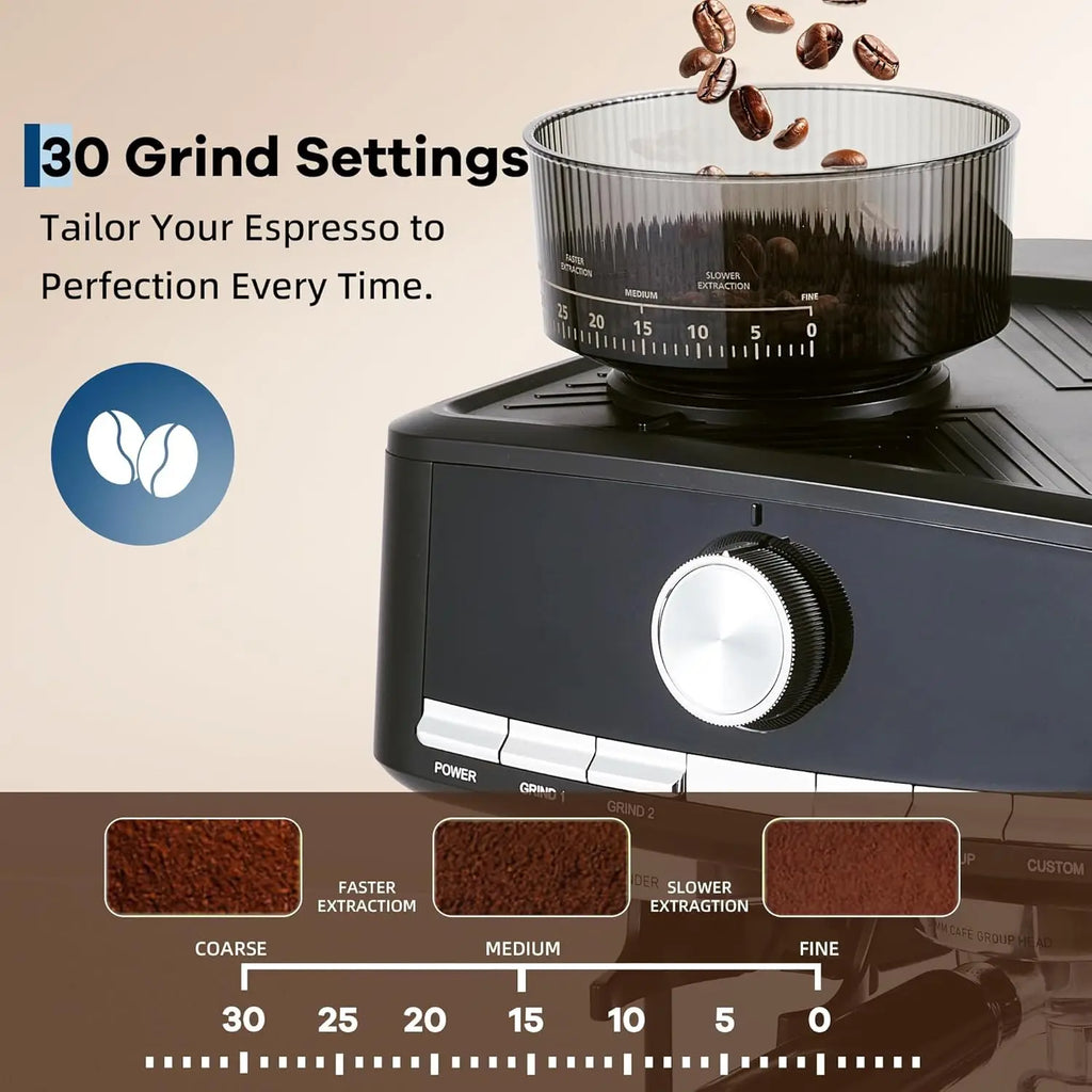 Black espresso machine with integrated grinder featuring 30 precision grind settings and clear bean hopper.