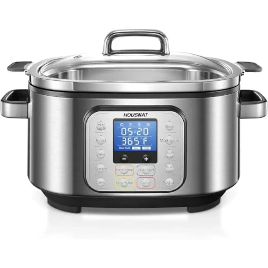 Programmable stainless slow cooker with glass lid, handle, and LED control panel, silver