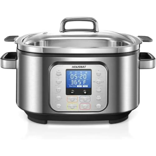 Programmable stainless slow cooker with glass lid, handle, and LED control panel, silver
