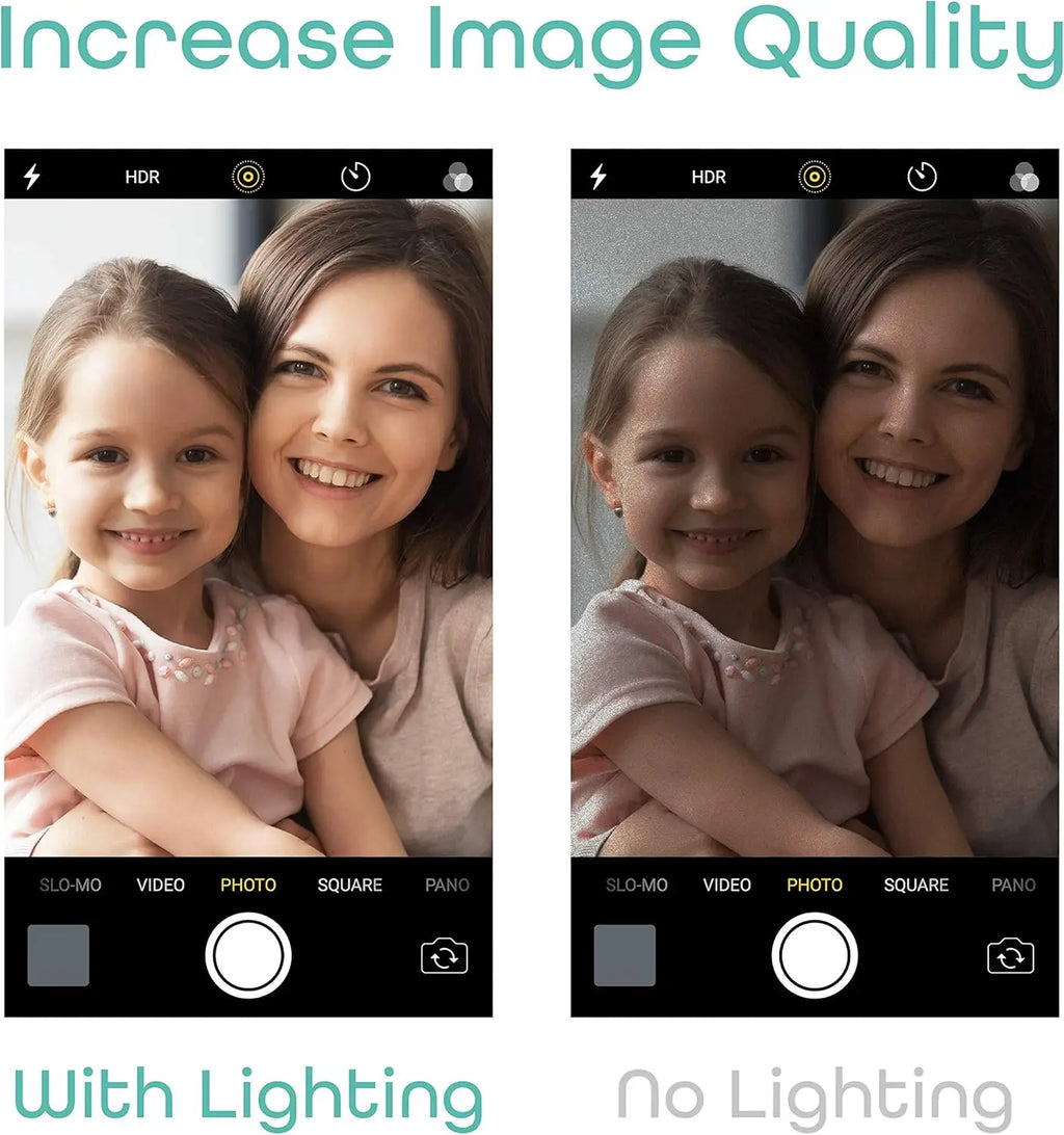 Split-screen comparison showing a woman and child in a phone camera interface with and without added lighting.