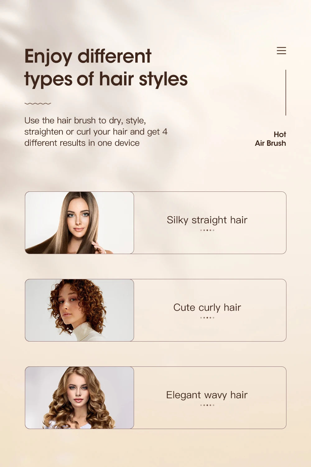 Kinseibeauty 4-in-1 professional hot air brush for straightening, curling, and drying hair with 3-speed settings.