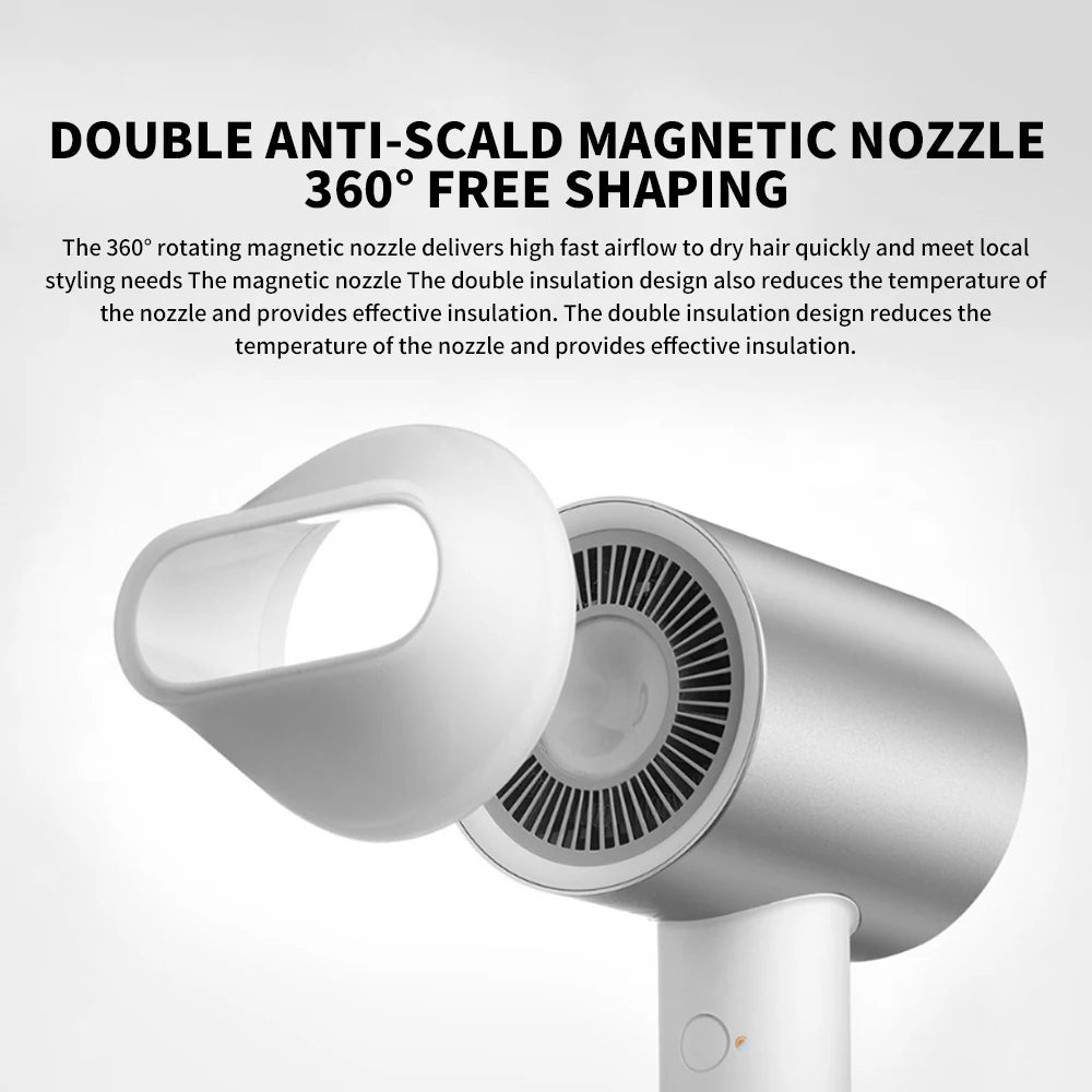 MIJIA H500 ionic hair dryer with silver body and 360-degree rotating magnetic anti-scald nozzle for fast styling.