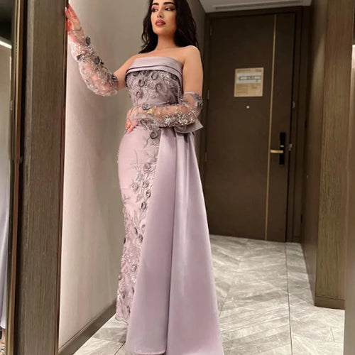 Tidesmit lavender strapless satin floor-length gown with intricate floral lace appliques and sheer matching sleeves.