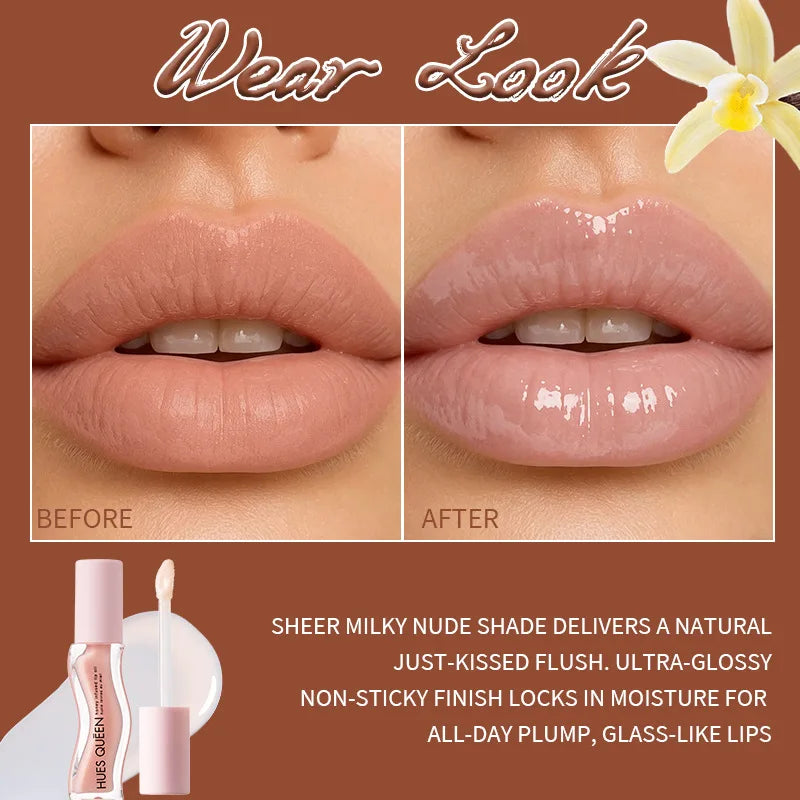 Moisturizing lip gloss set in milky nude. Hydrating, non-sticky formula for a glossy, plump, glass-like Western makeup look.