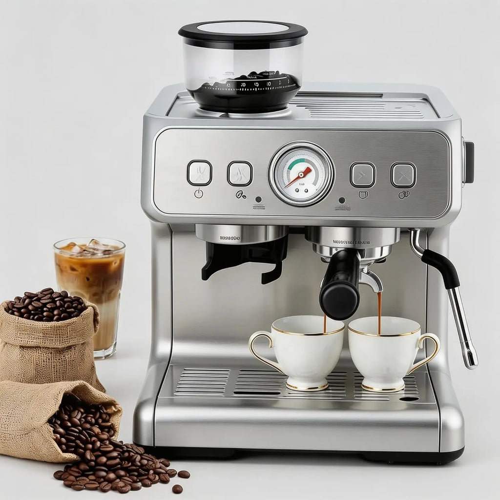 Stainless steel espresso machine with integrated grinder, pressure gauge, and double-cup brewing, on white background.