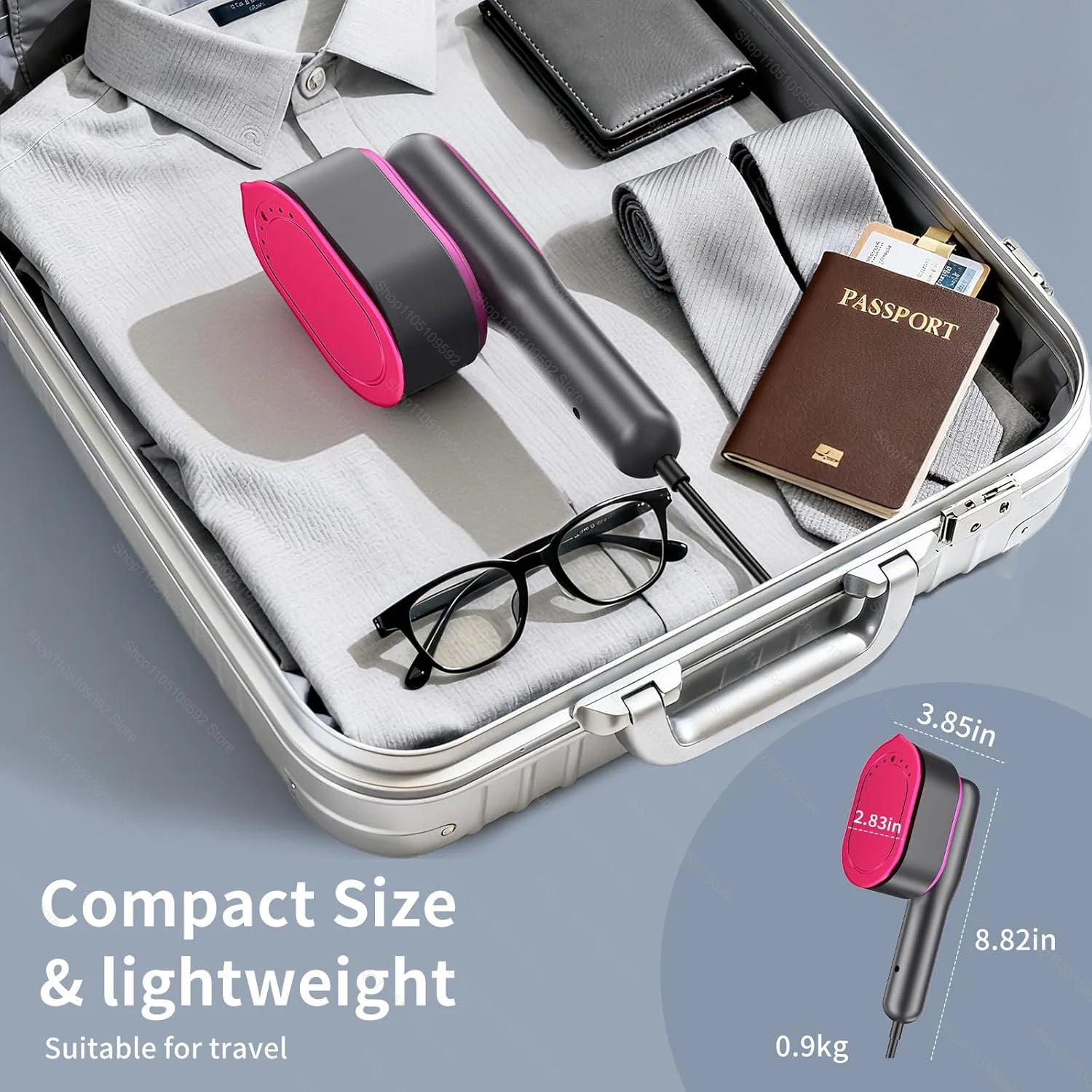 Tidesmit portable handheld mini garment steamer showing compact wet and dry ironing plate design for travel