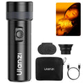 Black handheld LED photography light with color filters, silicone diffuser, carrying pouch, and USB-C charging cable.