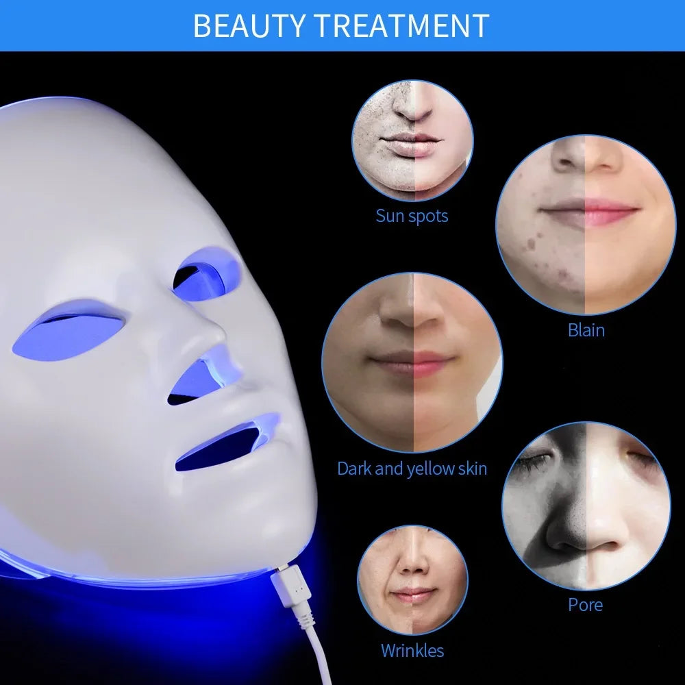 White LED light therapy facial mask with blue light, showing skin condition comparisons for acne, spots, and wrinkles.