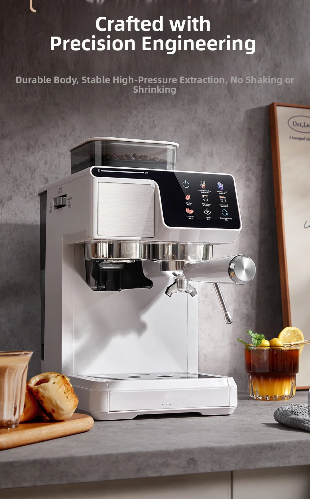 White espresso machine with integrated coffee bean hopper, stainless steel portafilter, and digital touchscreen menu.