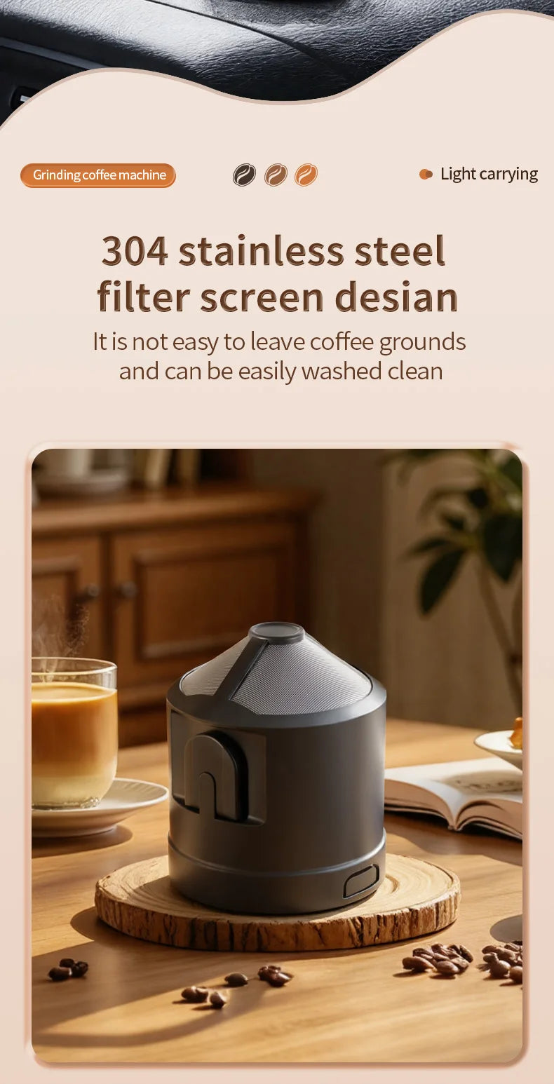Portable coffee maker in dark gray with 304 stainless steel mesh filter for easy cleaning on a wooden tabletop.