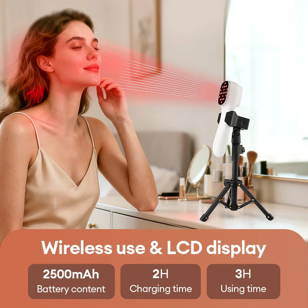 A white handheld red light therapy device on a tripod, shining red light on a woman's face.