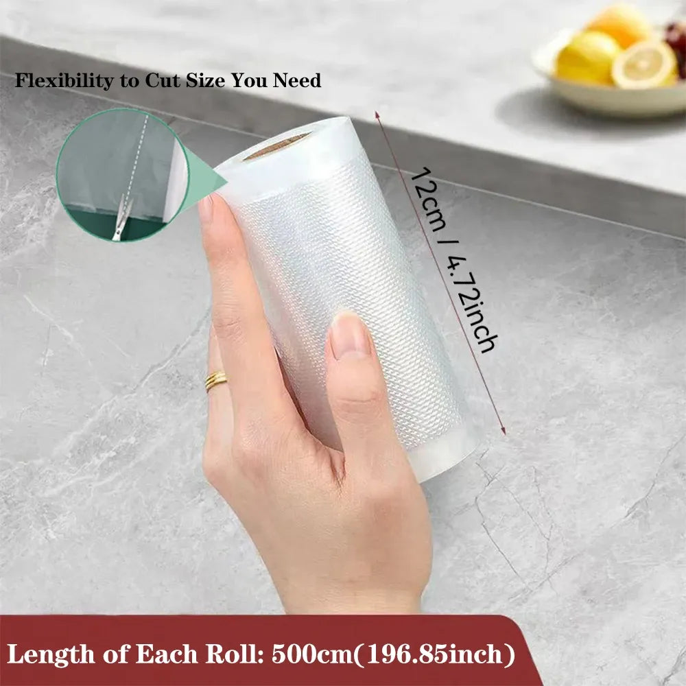 Vacuum sealer roll bag showing 17cm width and 500cm total roll length