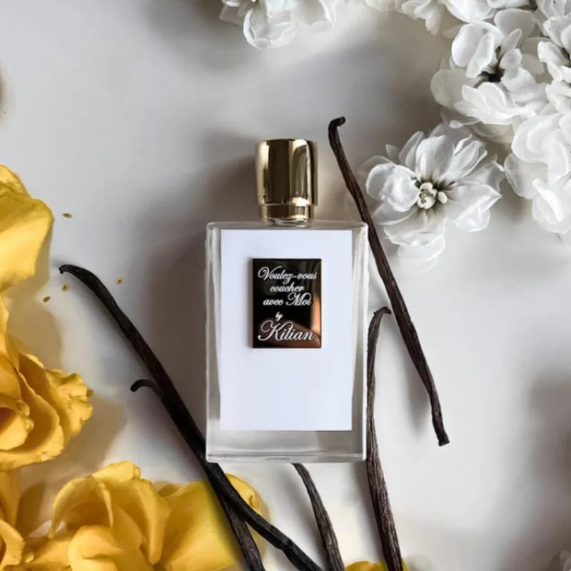 Kilian Voulez-Vous Coucher Avec Moi unisex EDP. Rectangular bottle, niche woody floral scent with vanilla notes. 50ml.