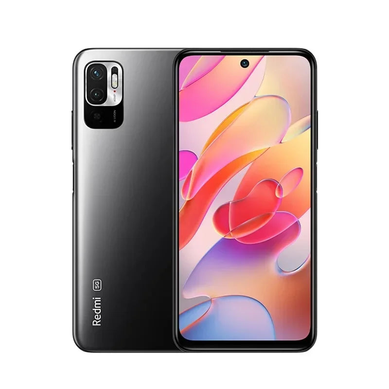 Grey Xiaomi Redmi Note 10 5G smartphone showing front display and rear 48MP camera setup.
