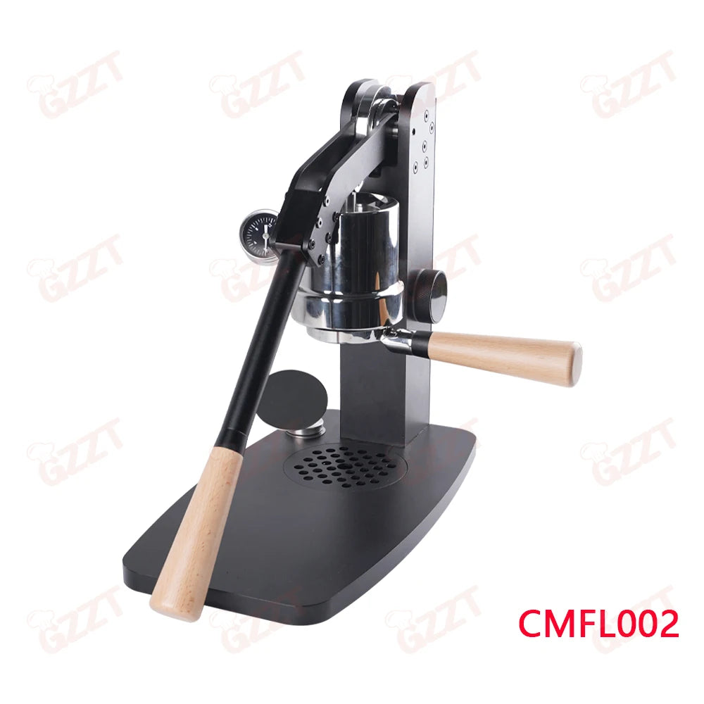 GZZT CMFL002 manual lever espresso maker with black metal frame, chrome coffee chamber, and wooden handle grips.