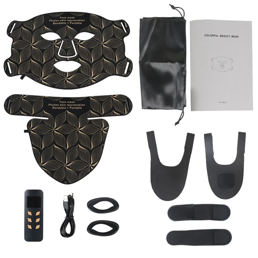 8-color LED light therapy face and neck mask set for anti-aging, wrinkle reduction, and acne control skin treatment.
