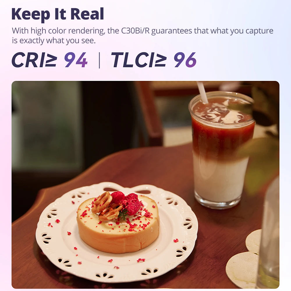 C30Bi/R studio light displaying accurate color on a dessert plate and iced coffee in a cafe setting.