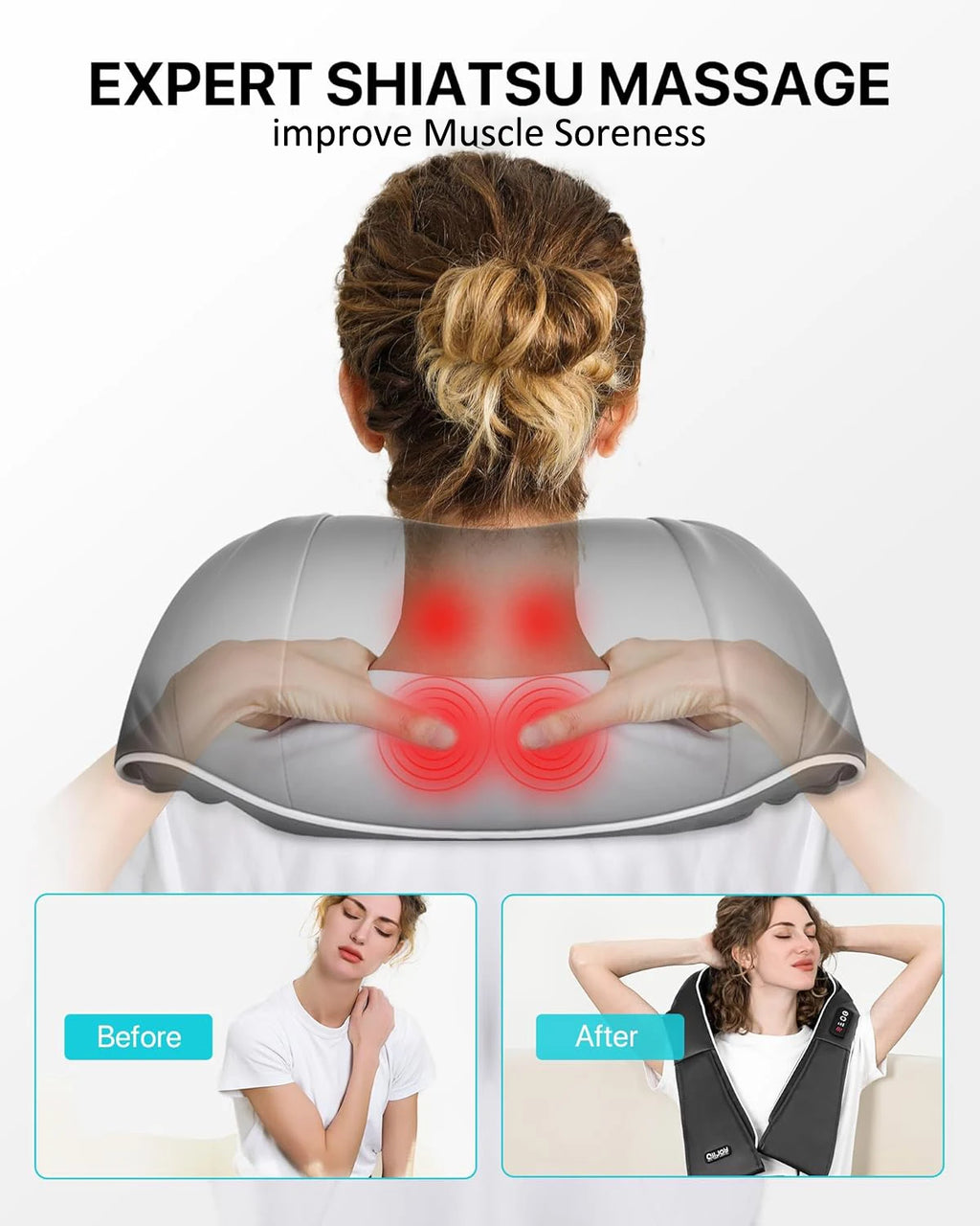 Shiatsu Neck and Shoulder Massager - Deep Tissue Heat Therapy Back Massage Instrument Tidesmit