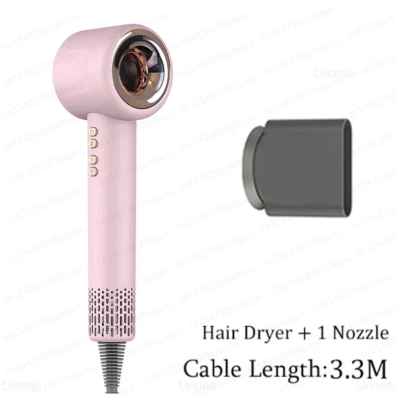 Pink leafless negative ion hair dryer with nozzle attachment for professional salon-quality, fast-drying hair care.