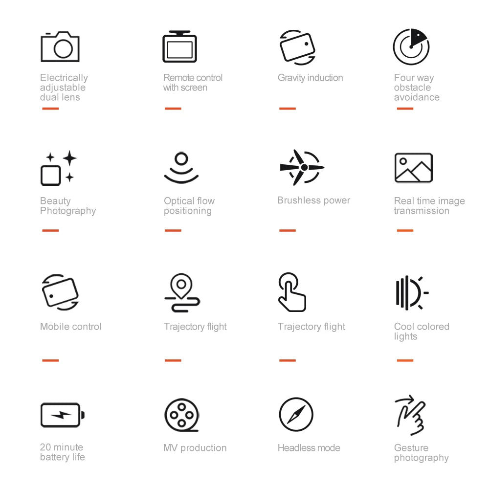 A grid of 16 black icons illustrating drone features like obstacle avoidance, camera control, and flight modes.