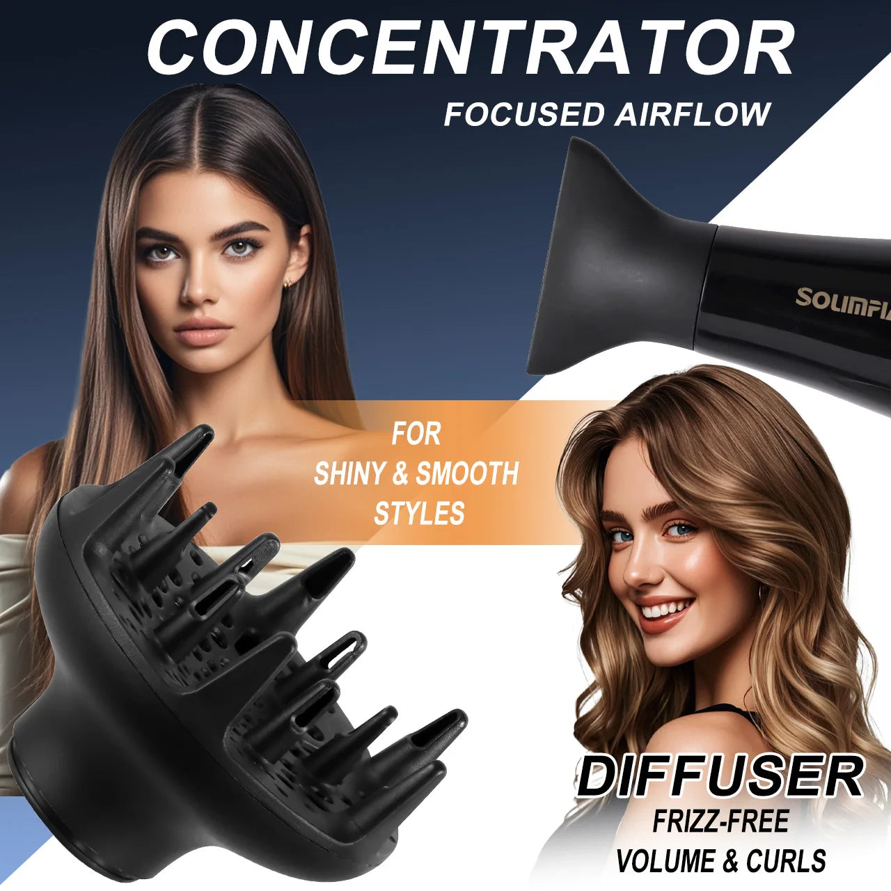 Black professional hair dryer with concentrator nozzle and diffuser attachment for smooth, frizz-free salon styling.