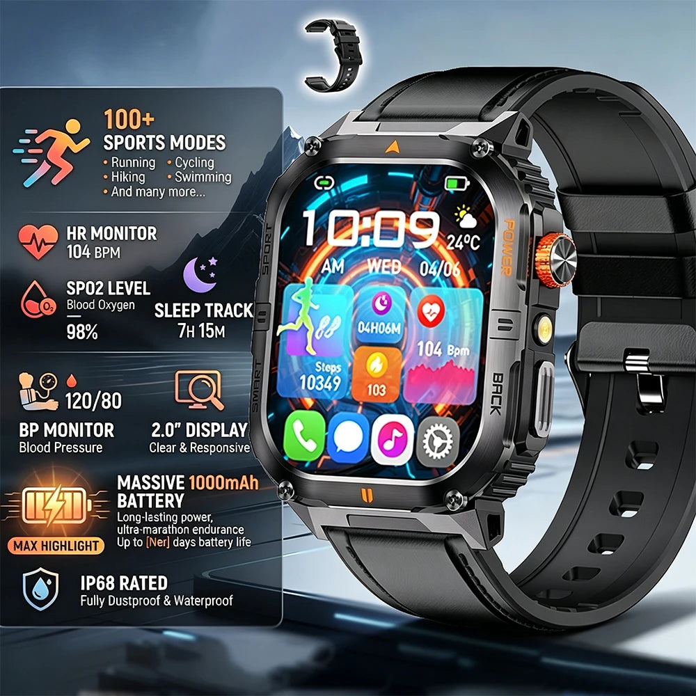 Hot Sell Gifts 2026 New Military SmartWatch Men Outdoor Sports IP68 Waterproof  LED Bluetooth Call Health Monitoring Men Women