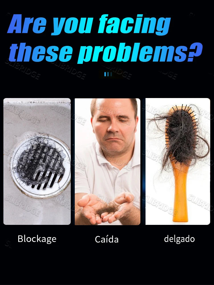 Hair loss awareness infographic showing shower drain blockage, thinning hair, and hair caught in a brush.