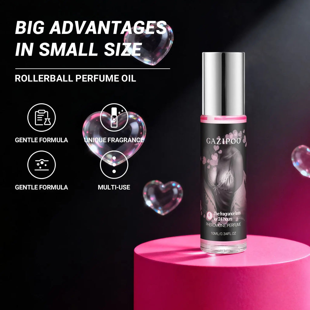 Gazipoo pheromone rollerball perfume for women. Long-lasting, natural oil scent in a sleek 10ml travel glass bottle.