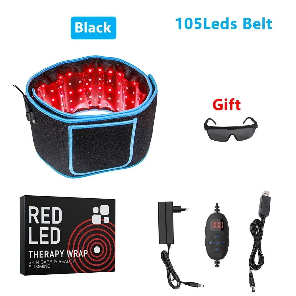 Black 105 LED red light therapy belt with 660nm and 850nm infrared, control unit, and safety glasses for pain relief.
