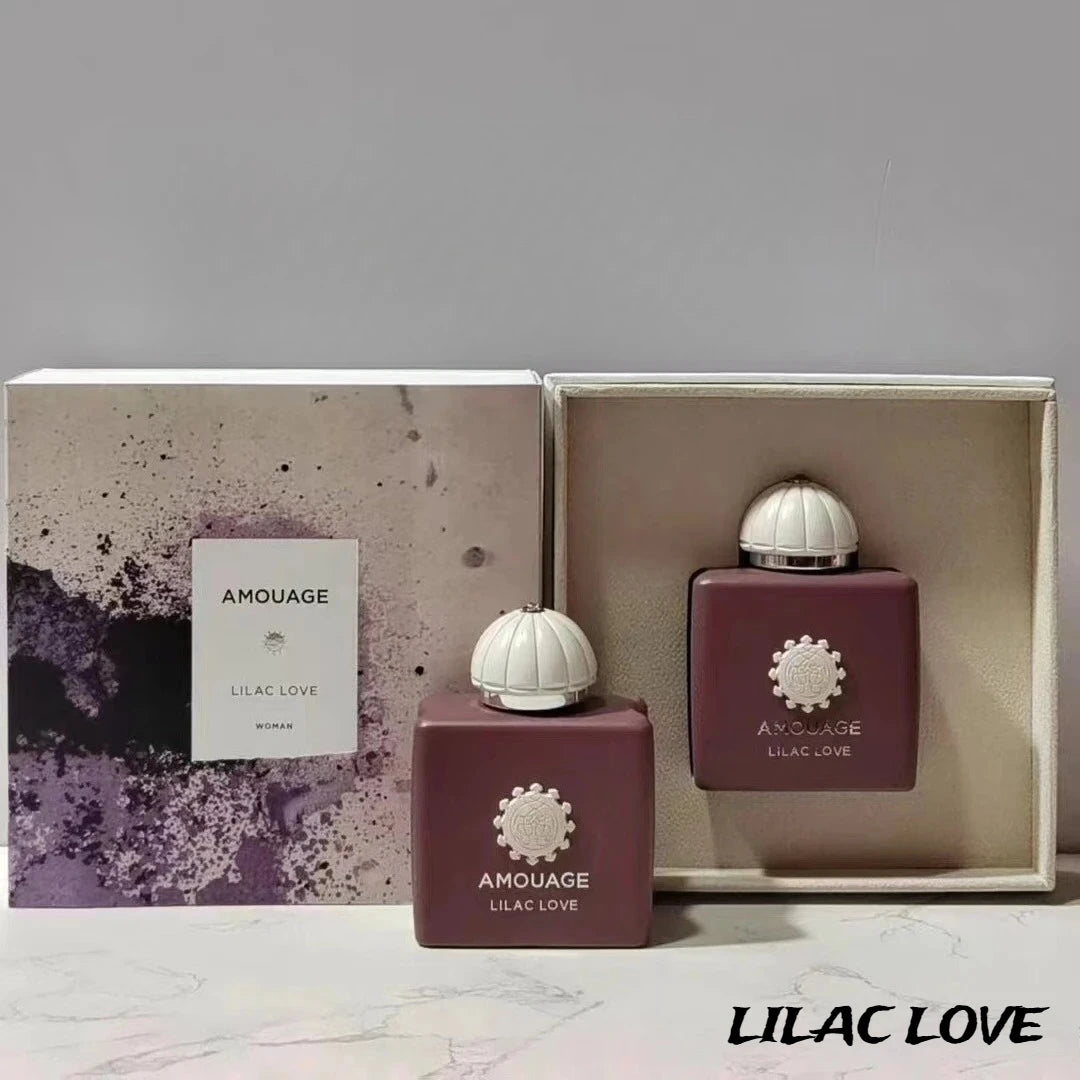 Amouage Lilac Love EDP for women: elegant square purple bottle, dome cap, floral luxury fragrance in gift box set.